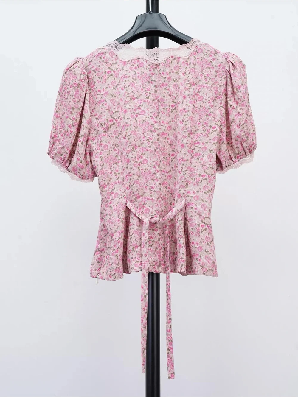 Reformation Minette Pink Floral Puff-Sleeve Lace Trim Top, 2 4
